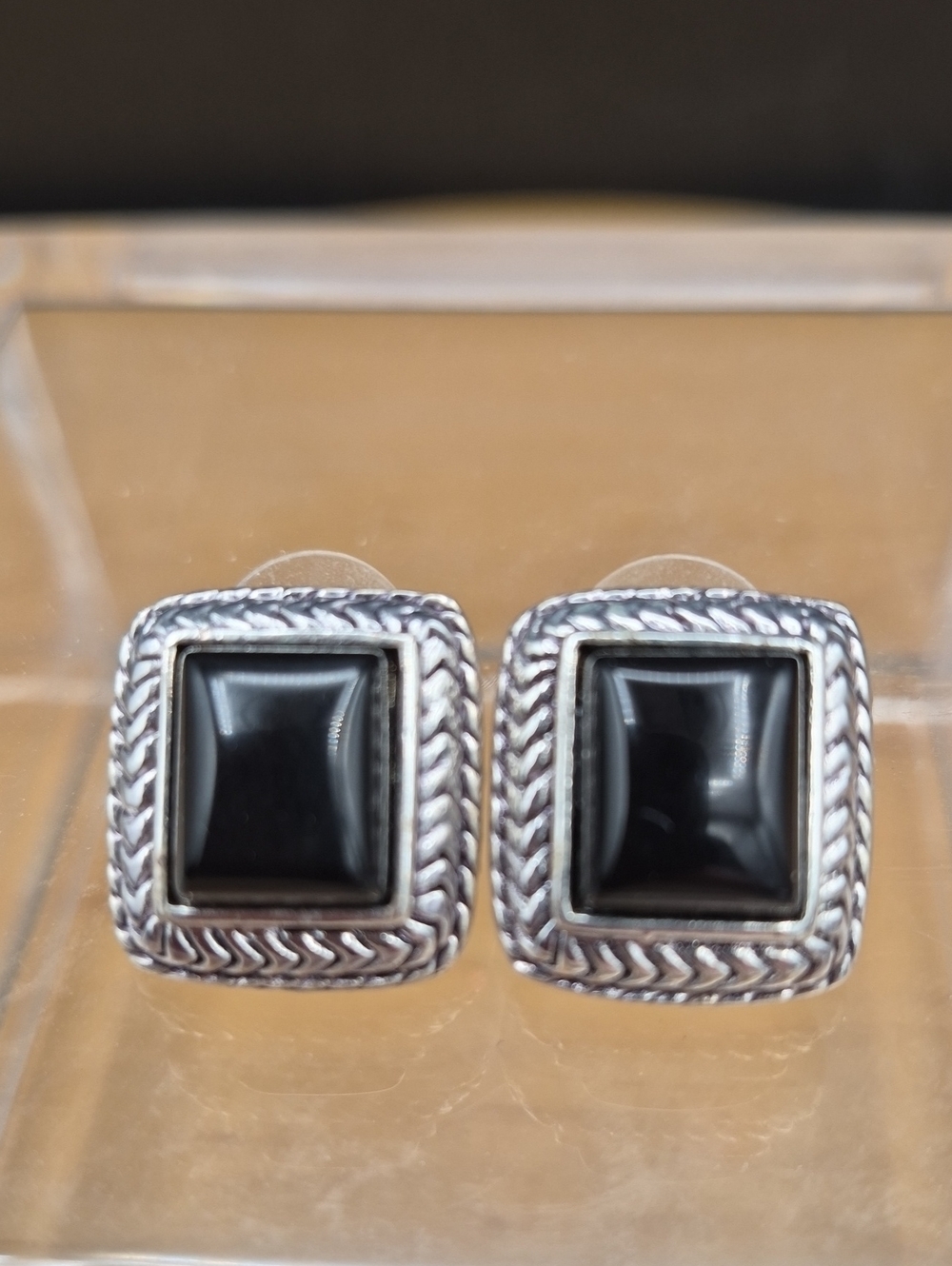Vtg 1980s Signed Roman Co Silver Tone Square Black Cabochon Stud Earrings 26-429
